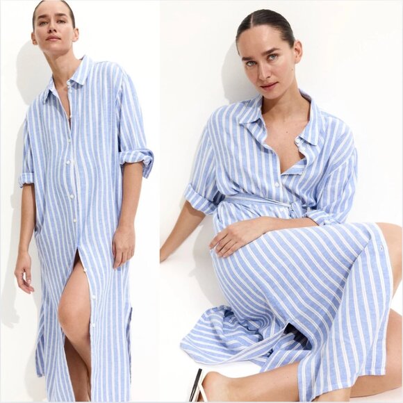 NWT H&M MAMA Linen-Blend Striped Shirt Dress M - Picture 2 of 14